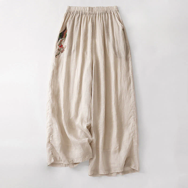 Buddha Stones Casual Flower Embroidery Women's Cotton Linen Elastic Waist  Wide Leg Pants With Pockets