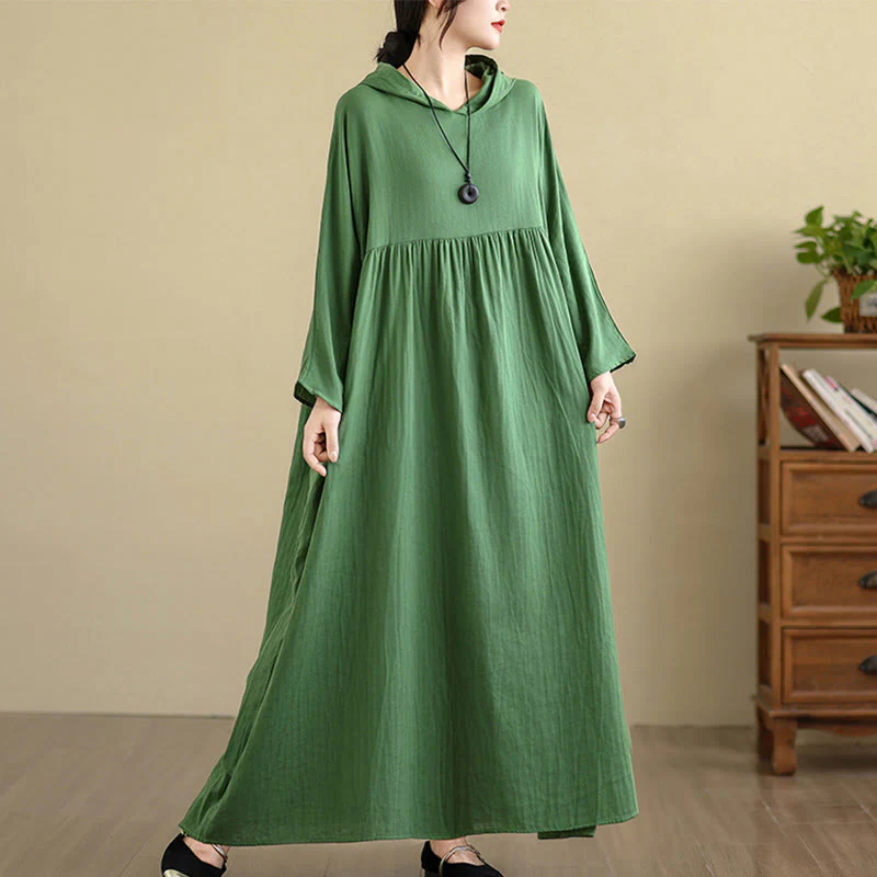 Buddha Stones Fall Hoodie Design Long Sleeve Cotton Linen Midi Dress With Pockets