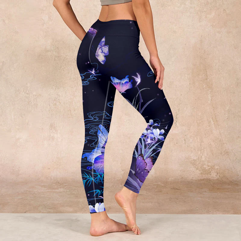Buddha Stones Midnight Blue Flower Purple Butterfly Exercise Leggings Women's Yoga Pants