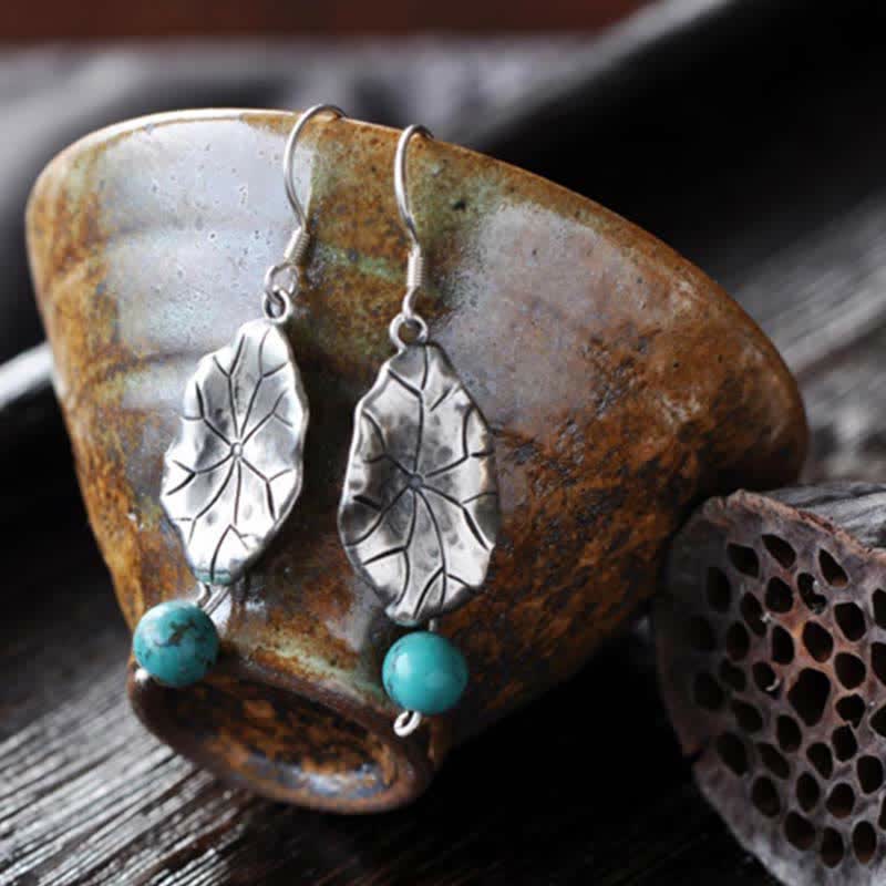 Buddha Stones 925 Sterling Silver Turquoise Lotus Leaf Protection Drop Dangle Earrings