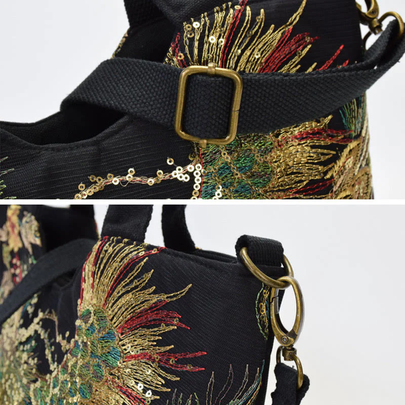 Buddha Stones Peacock Double-sided Embroidery Tote Bag Shoulder Bag Crossbody Bag