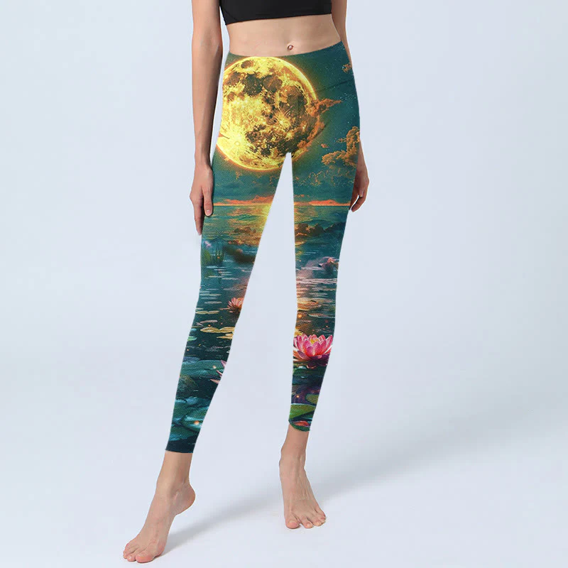 Buddha Stones Full Moon Lotus Flowers Leaves Pattern Print Gym Leggings Women's Yoga Pants
