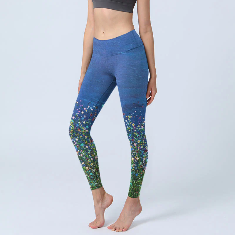 Buddha Stones Grass Flower Pattern Print Gym Leggings Women's Yoga Pants