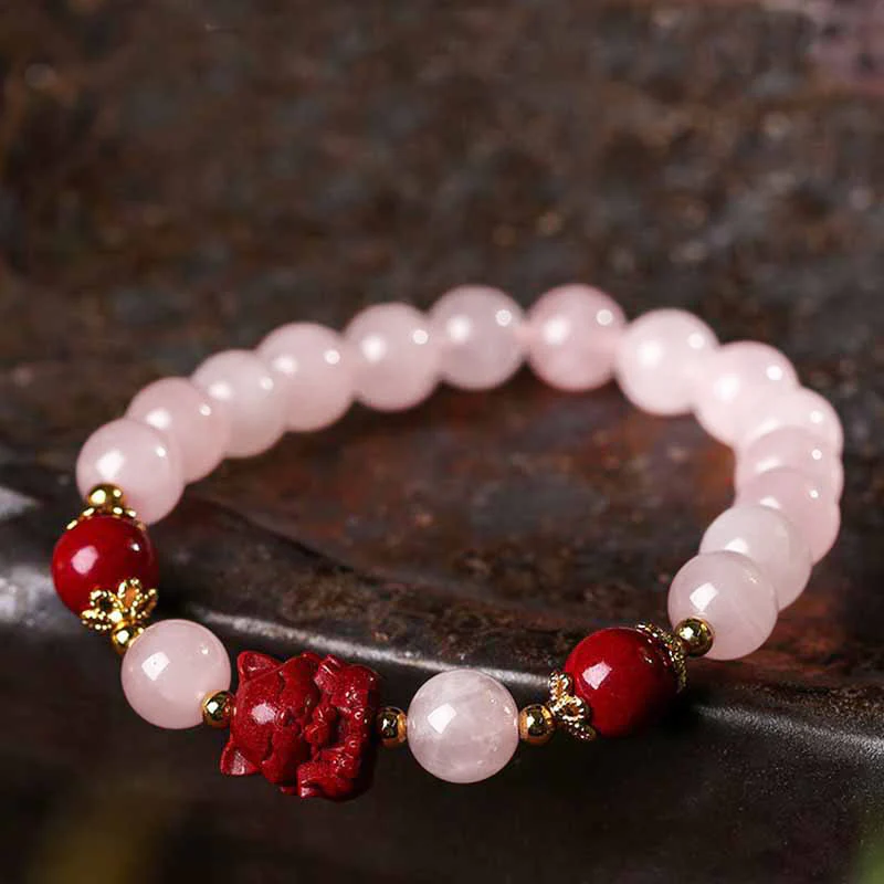 Buddha Stones Natural Pink Crystal Cinnabar Nine Tailed Fox Love Bracelet