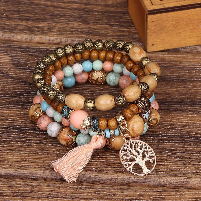 Buddha Stones Wenge Wood Layered Tree Tassel Healing Bracelet