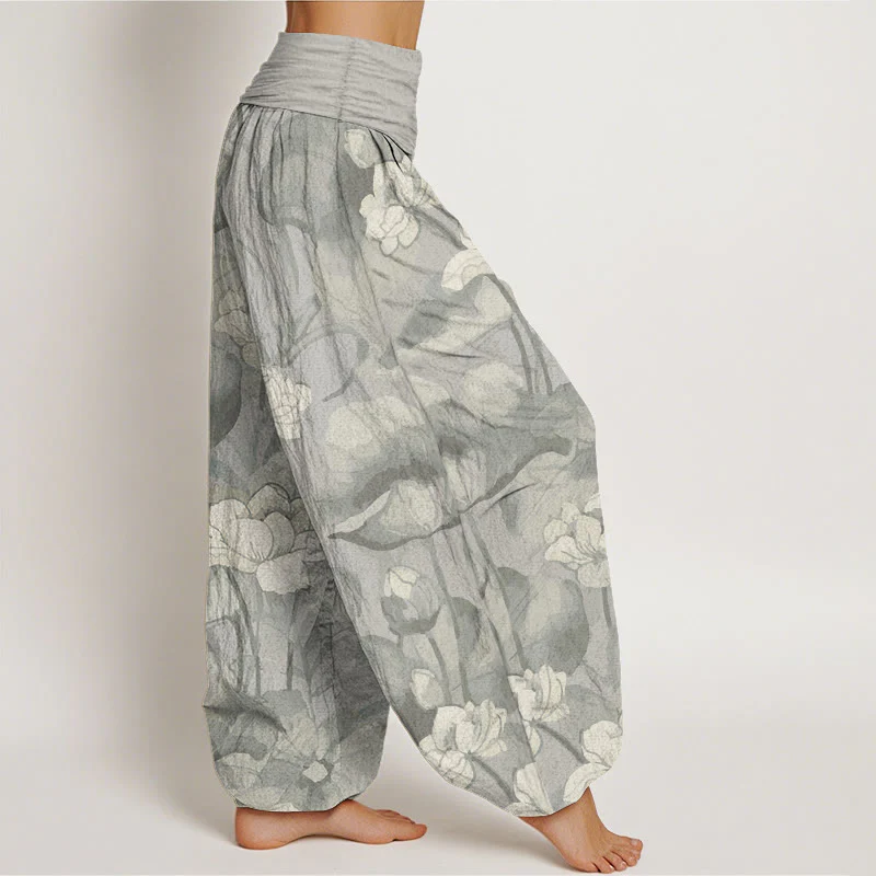Buddha Stones Pure Cotton Lotus Design Women's Elastic Waist Harem Pants