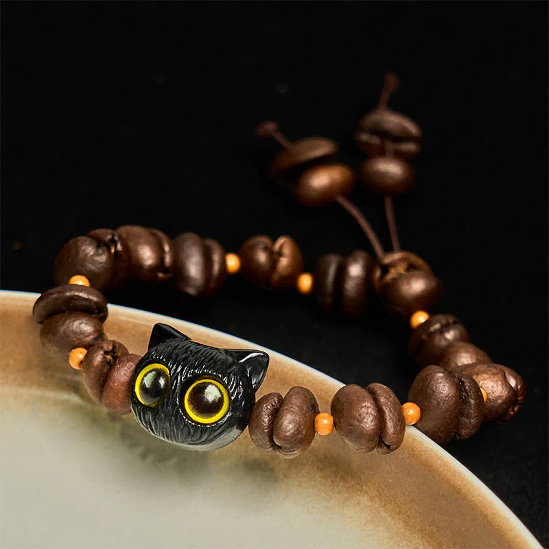 Buddha Stones Handmade Natural Coffee Beans Cat Head Bodhi Seed Claw Paw Peace Bracelet