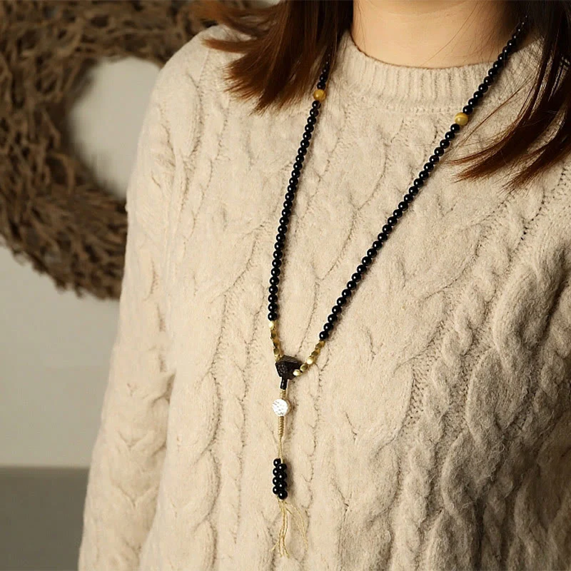 Buddha Stones Tibetan 108 Mala Beads Black Onyx Three-eyed Dzi Beads Protection Bracelet