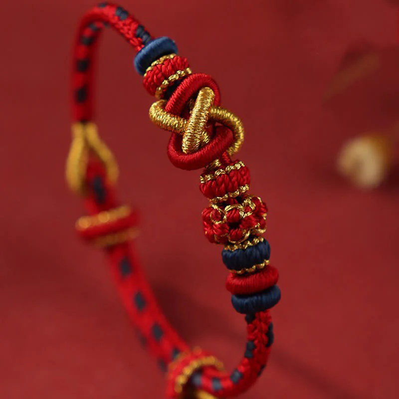 Buddha Stones Handcrafted Peach Blossom Peace Knot Colorful Rope Adjustable Bracelet