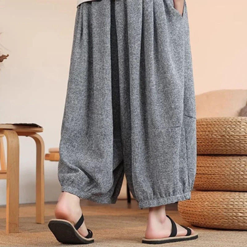 Buddha Stones Summer Characters Embroidery Drawstring Men's Cropped Ankle-Length Harem Pants With Pockets