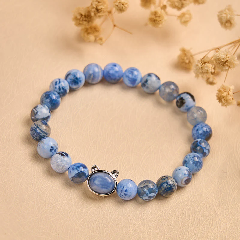 Buddha Stones Natural Cat Head Blue Agate Kyanite Protection Bracelet