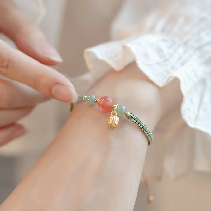 Buddha Stones Red Agate Jade Lotus Confidence Calm String Bracelet