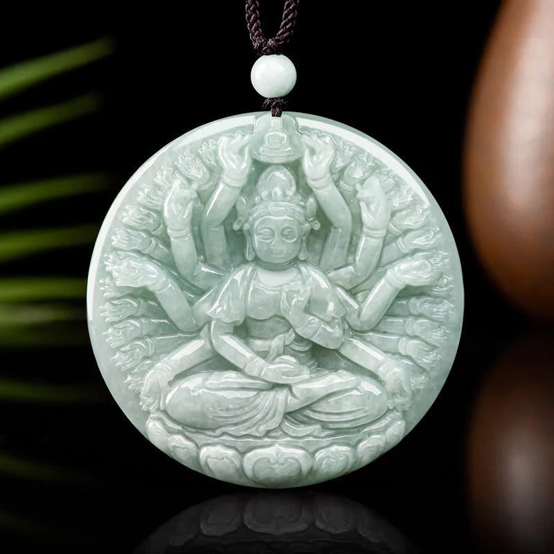 Buddha Stones Thousand-Hand Kwan Yin Avalokitesvara Jade Blessing String Necklace Pendant