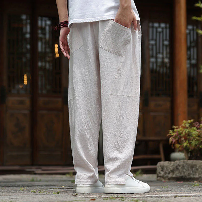 Buddha Stones Solid Drawstring Men's Elastic Waistband Cotton Linen Pants With Pockets