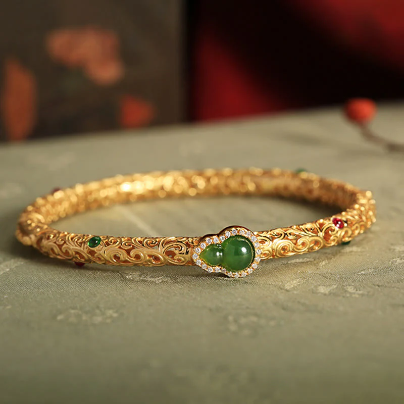 Buddha Stones Cyan Jade Copper Plated Gold Auspicious Clouds Gourd Luck Bracelet Bangle