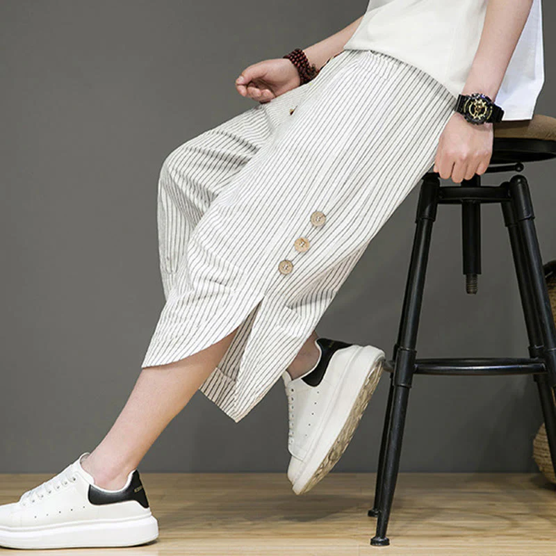 Buddha Stones Casual White Stripes Pattern Drawstring Button Design Men's Cotton Cropped Harem Pants With Pockets