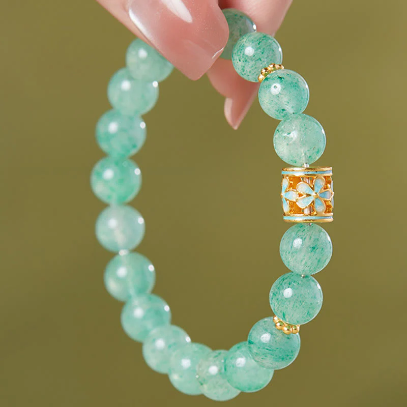 Buddha Stones 925 Sterling Silver Green Strawberry Quartz Flower Calm Bracelet