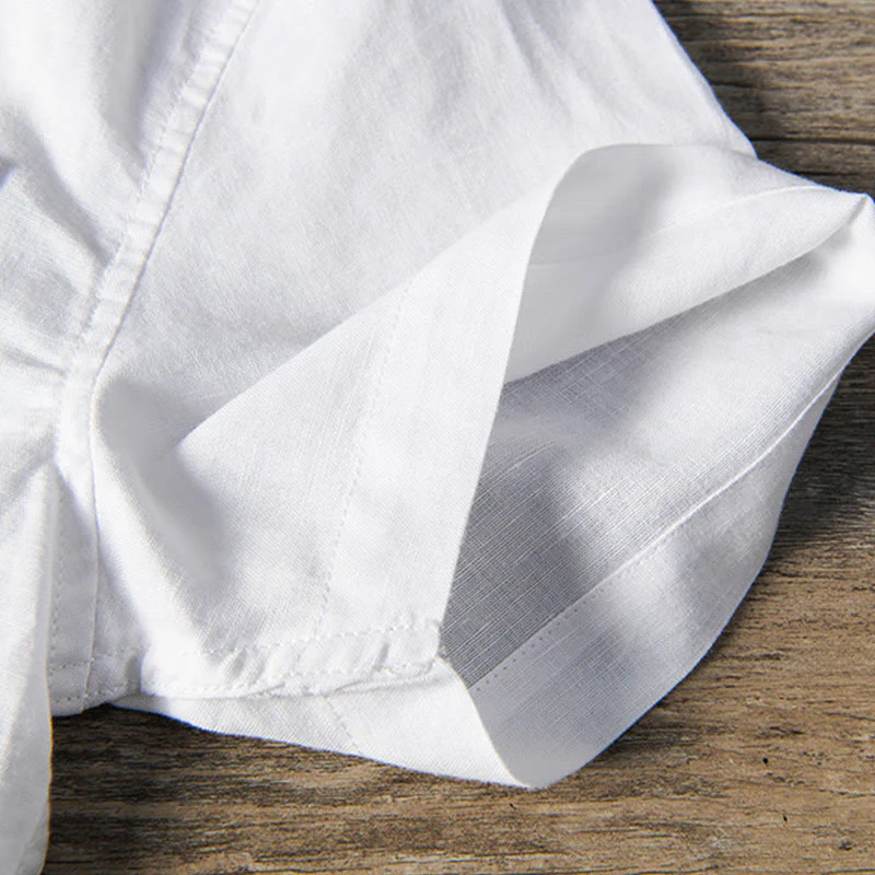 Buddha Stones Casual Daily Simple Buttons Design Stand Collar Men's Short Sleeve Cotton Linen Shirt With Front Pockets