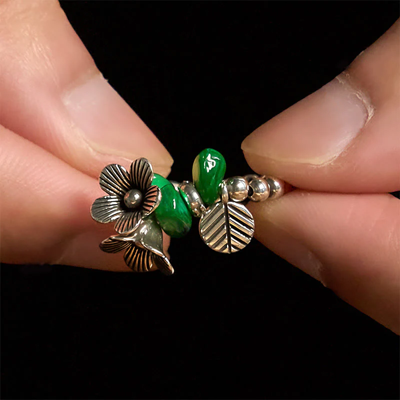 Buddha Stones Flower Pattern Copper Alloy Luck Elastic Rope Ring