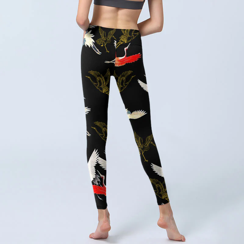 Buddha Stones White Red Gold Cranes Print Gym Leggings Women's Yoga Pants