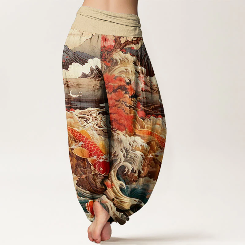 Buddha Stones Casual Blossoming Tree Koi Fish Wave Mountain Pattern Women's Elastic Waist Harem Pants