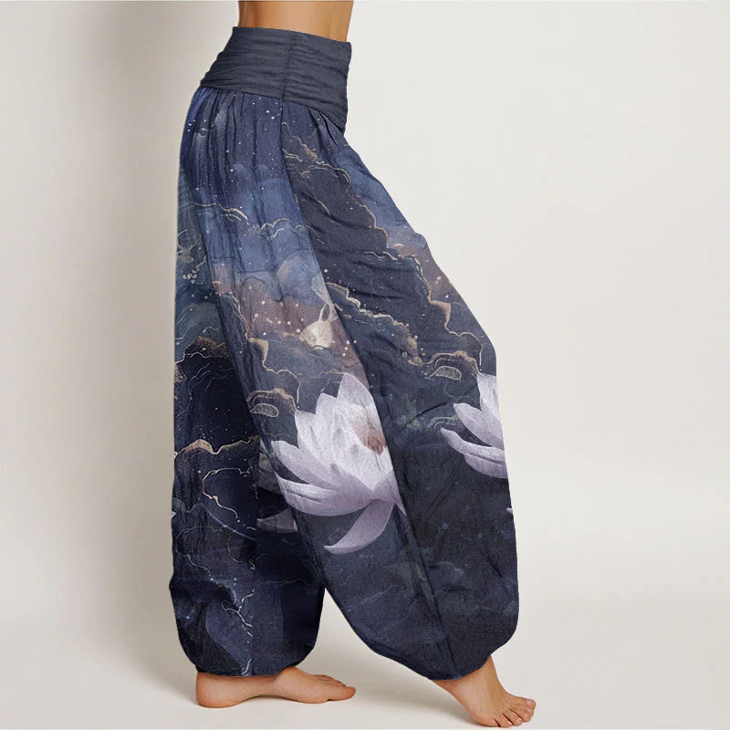 Buddha Stones Pure Cotton Casual Lotus Starry Sky Clouds Pattern Women's Elastic Waist Harem Pants