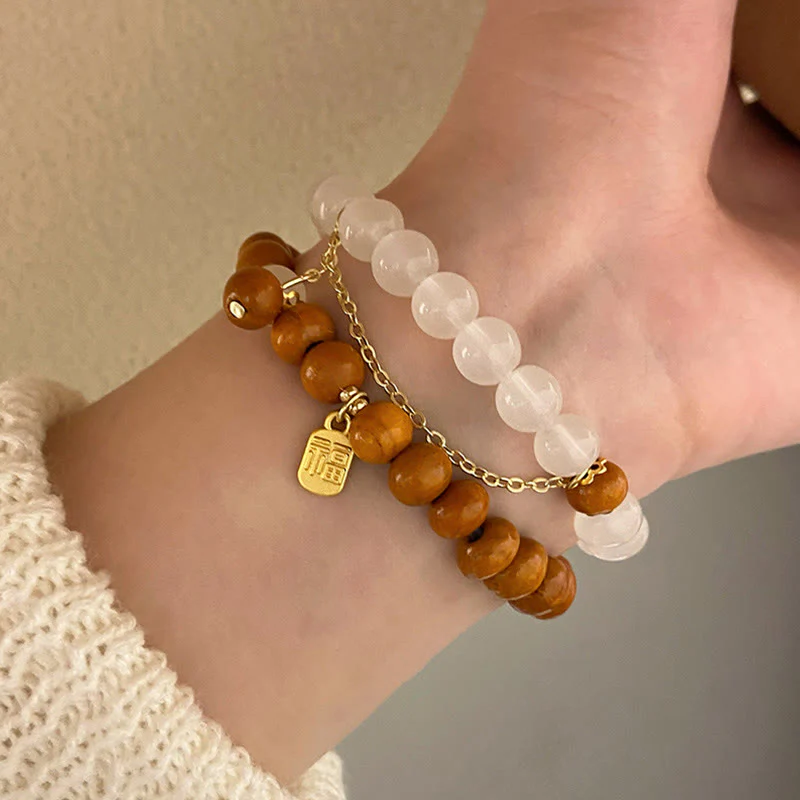 Buddha Stones Sandalwood Cat's Eye Fu Character Charm Protection Bracelet