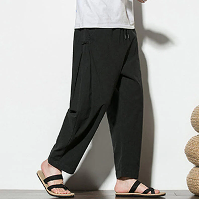 Buddha Stones Summer Side Frog-Button Design Men's Cotton Linen Pants With Pockets
