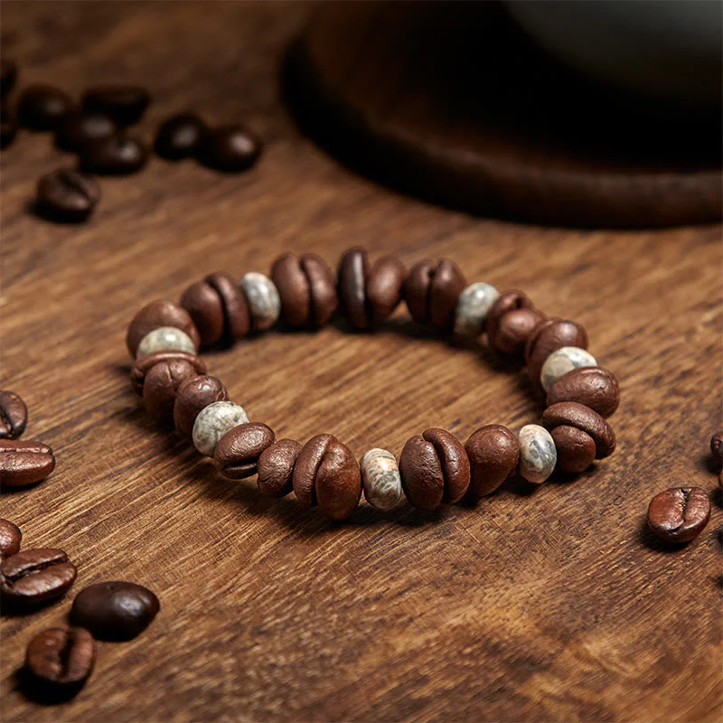 Buddha Stones Natural Coffee Beans Tiger Eye Grey Jasper Lava Rock Beads Bracelet