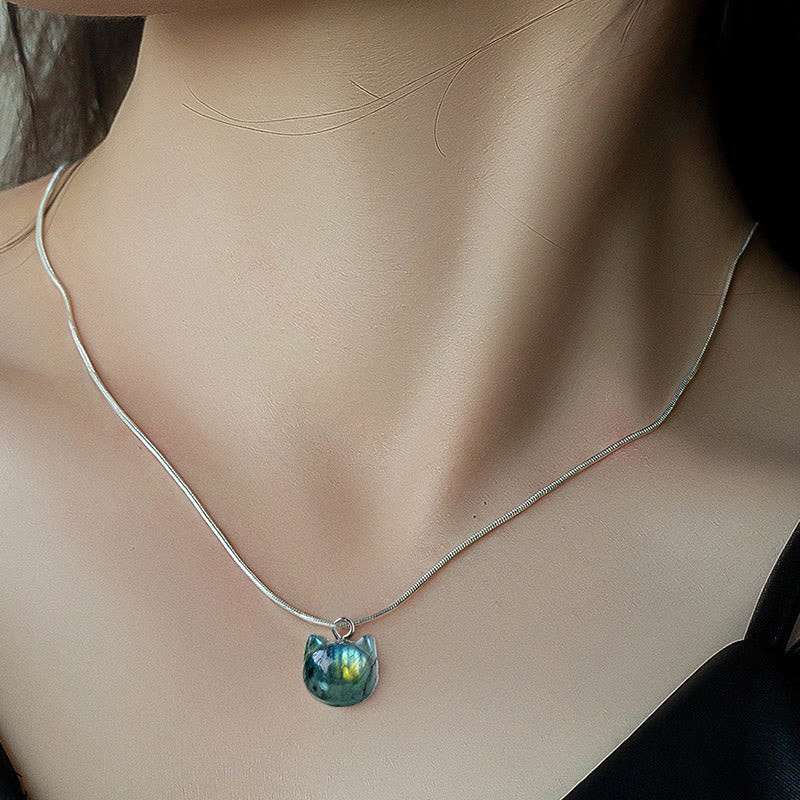 Buddha Stones Natural Cat Pattern Labradorite Healing Necklace Pendant