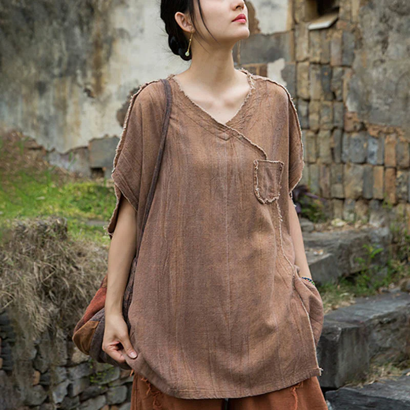 Buddha Stones Summer Tie-dye Linen V-Neck Short Sleeve Women's T-shirts