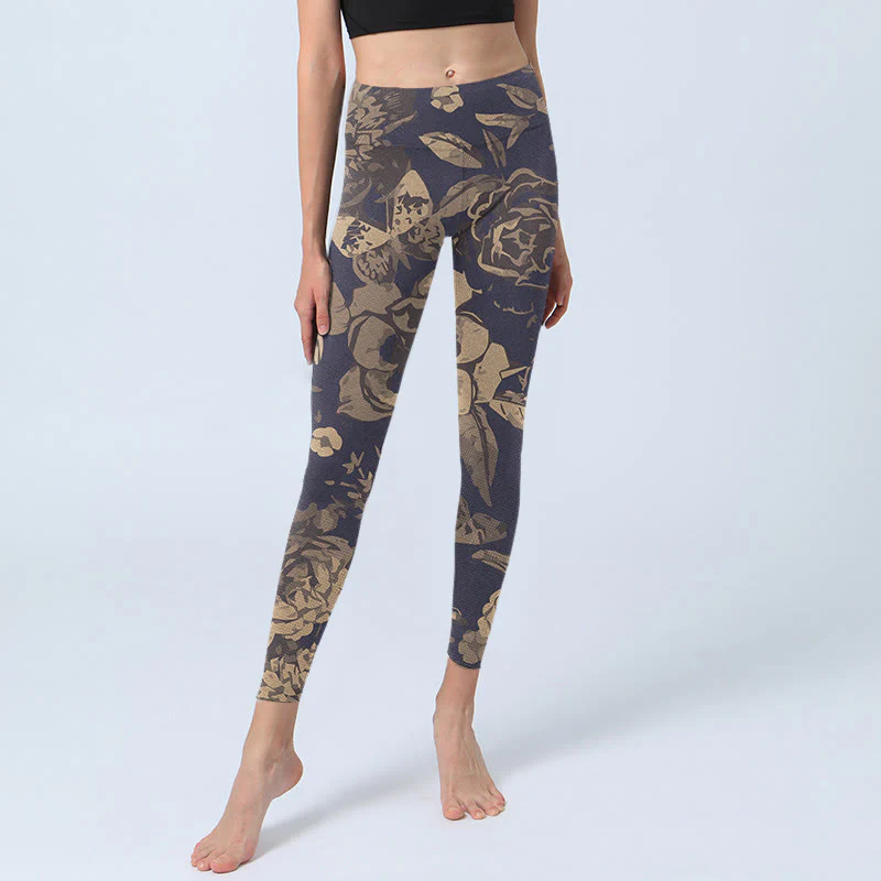 Buddha Stones Peony Flowers Leaves Blossom Print Gym Fitness Leggings Women's Yoga Pants