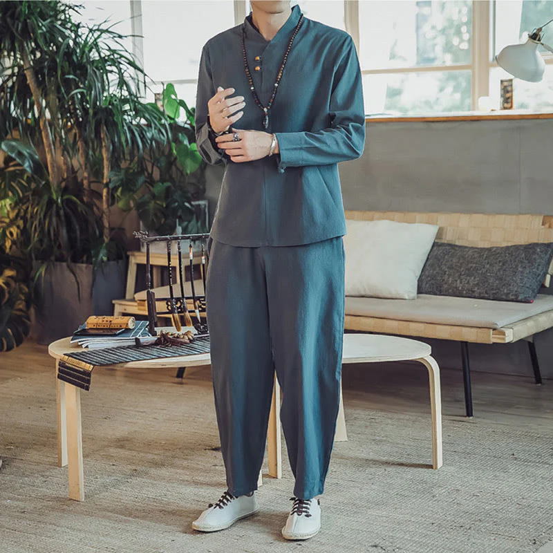 Buddha Stones 2Pcs Cotton Shirt Ankle-Length Pants With Pockets Men's Meditation Cloth Set