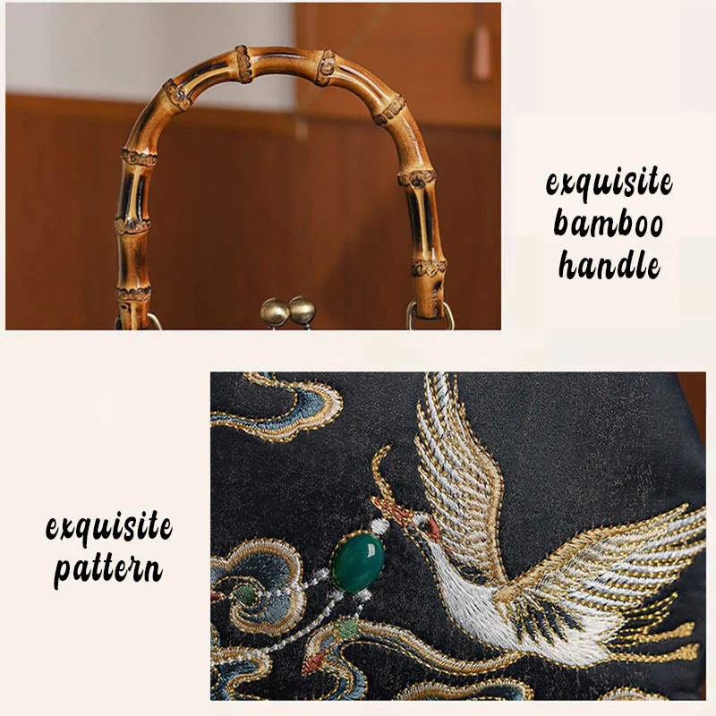 Buddha Stones Auspicious Clouds Cranes Embroidery Bamboo Handle Handbag Crossbody Bag