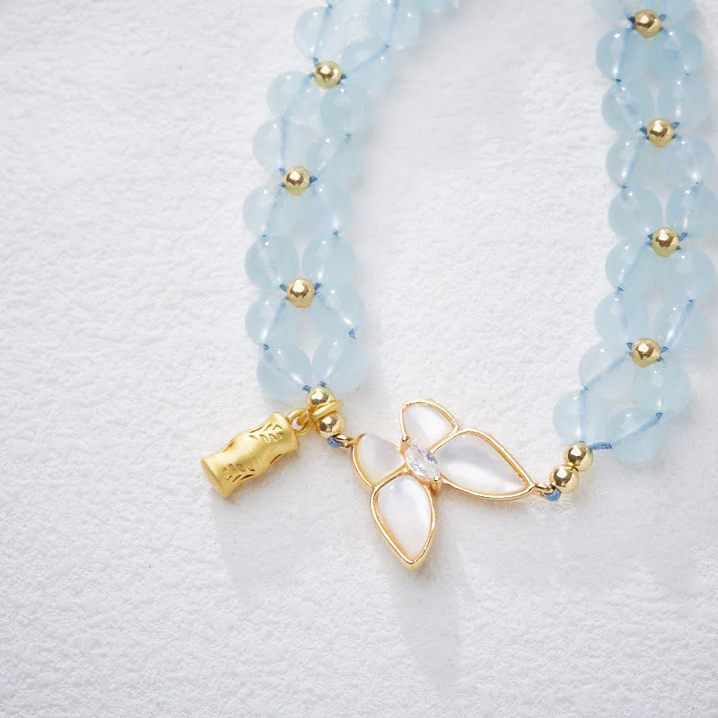 Buddha Stones Natural Aquamarine Amethyst Moonstone Butterfly Bamboo Healing Bracelet