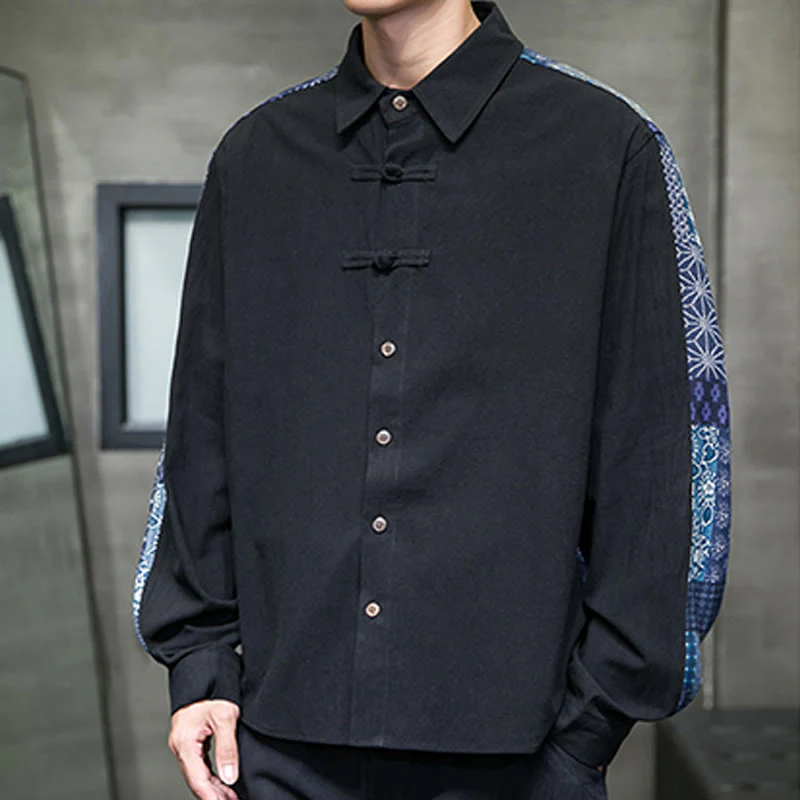 Buddha Stones Men's Flower Pattern Stitching Cotton Blend Long Sleeve Shirt