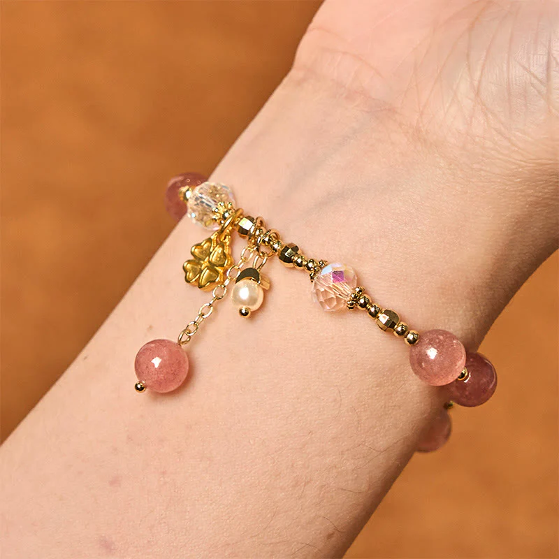 Buddha Stones Natural Strawberry Quartz Four Leaf Clover Healing Bracelet