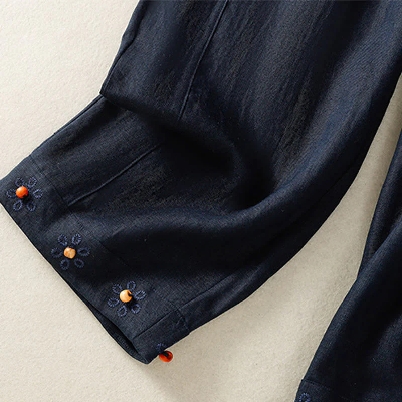 Buddha Stones Casual Embroided Bead Drawstring Women's Wide Leg Cotton Pants With Pockets