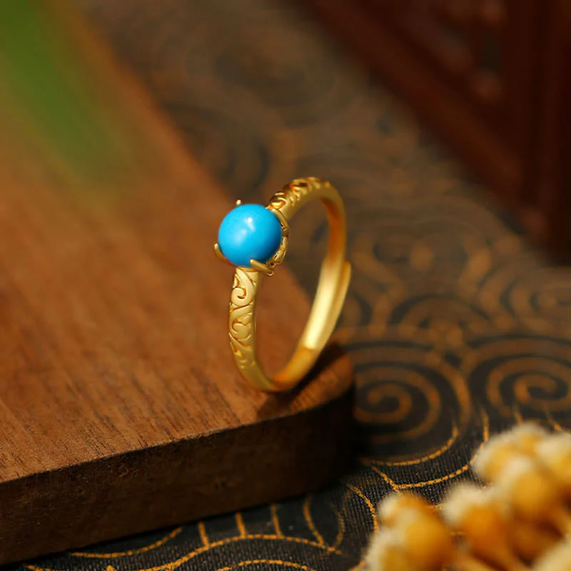 Buddha Stones Simple Design Turquoise Protection Copper Adjustable Ring