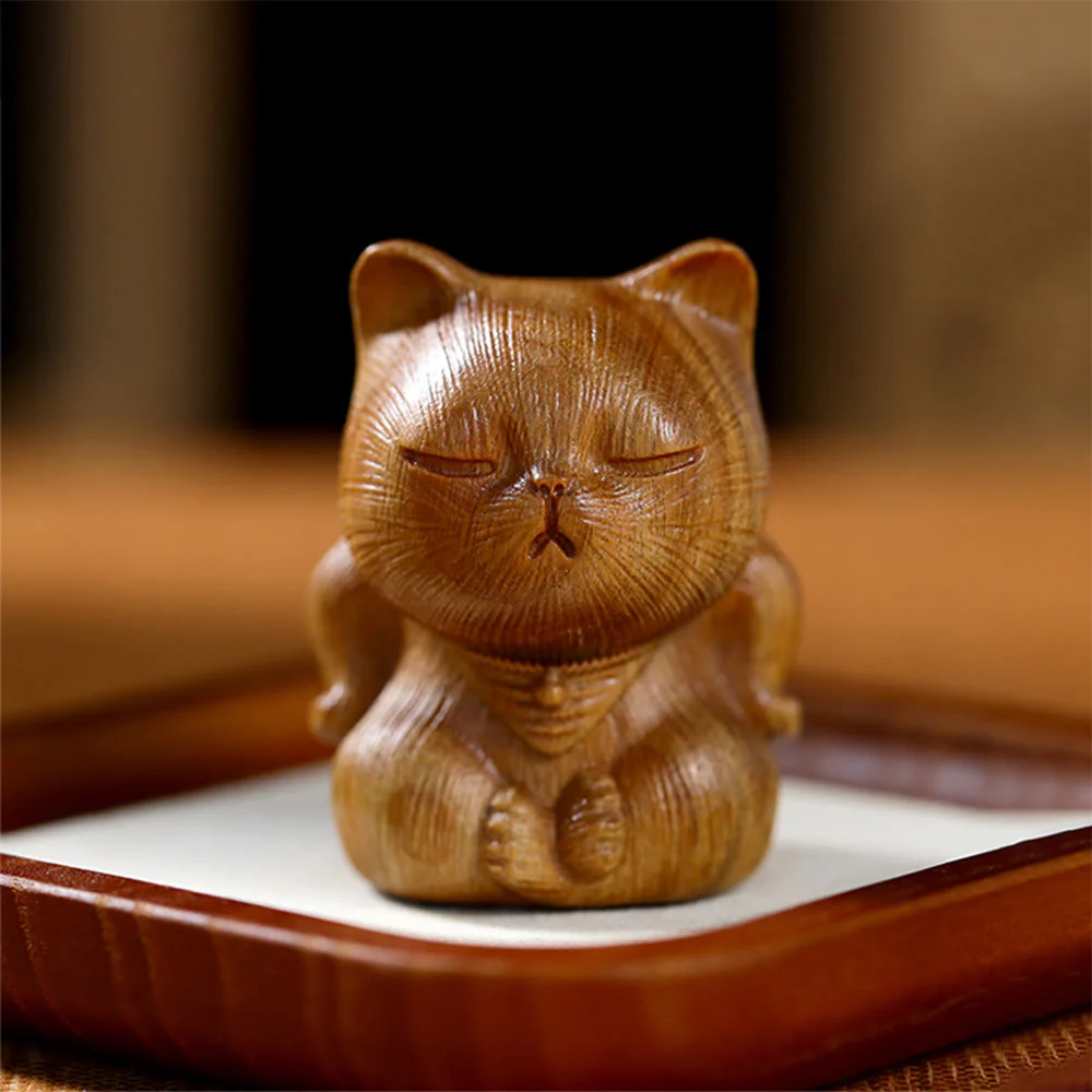 Buddha Stones Small Mini Green Sandalwood Lucky Cat Carved Soothing Decorations