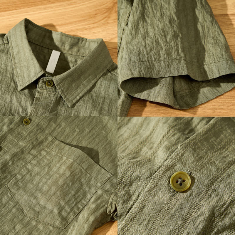 Buddha Stones Summer Solid Breathable Men's Buttons Short Sleeve Tencel Shirt