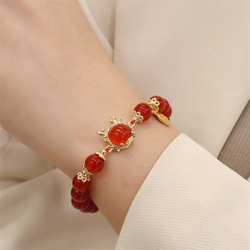 Buddha Stones Year of the Dragon Red Agate Jade Peace Buckle Fu Character Success Bracelet
