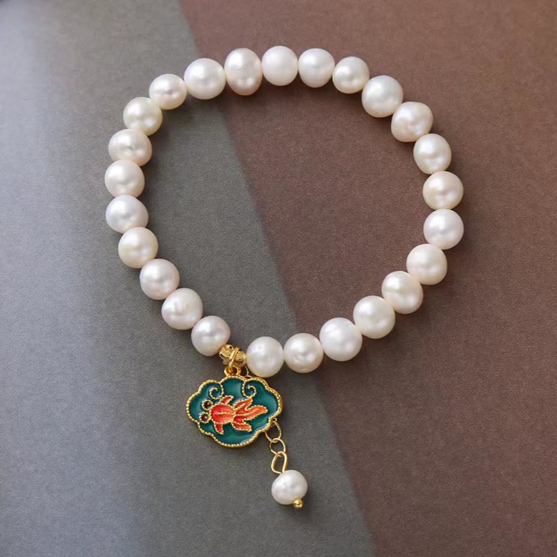 Buddha Stones Natural Pearl Lotus Koi Fish Goldfish Optimism Charm Bracelet