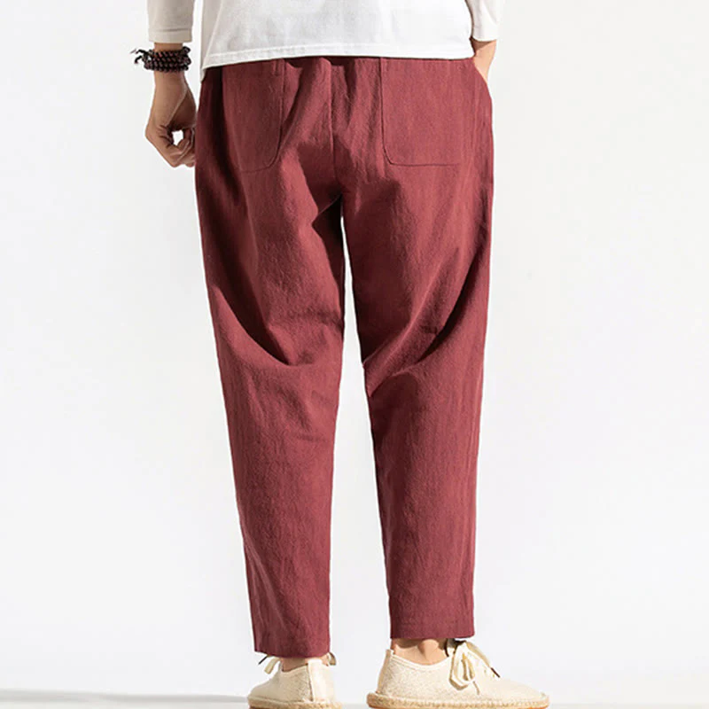 Buddha Stones Retro Casual Drawstring Design Men's Harem Cotton Plain Pants With Pockets