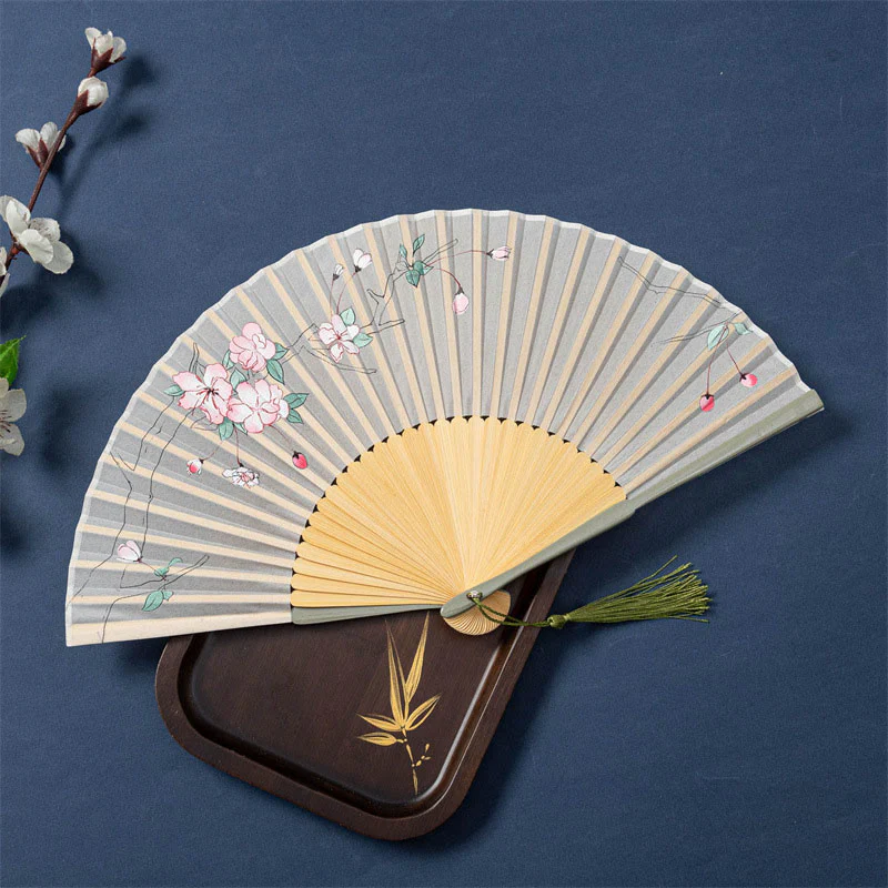 Buddha Stones Lotus Begonia Flower Jasmine Handheld Bamboo Folding Fan 21cm