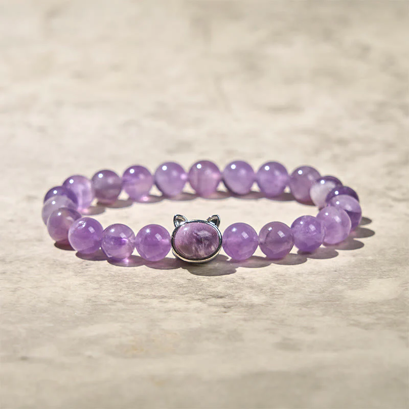 Buddha Stones Cute Cat Face Amethyst Relieves Stress Bracelet