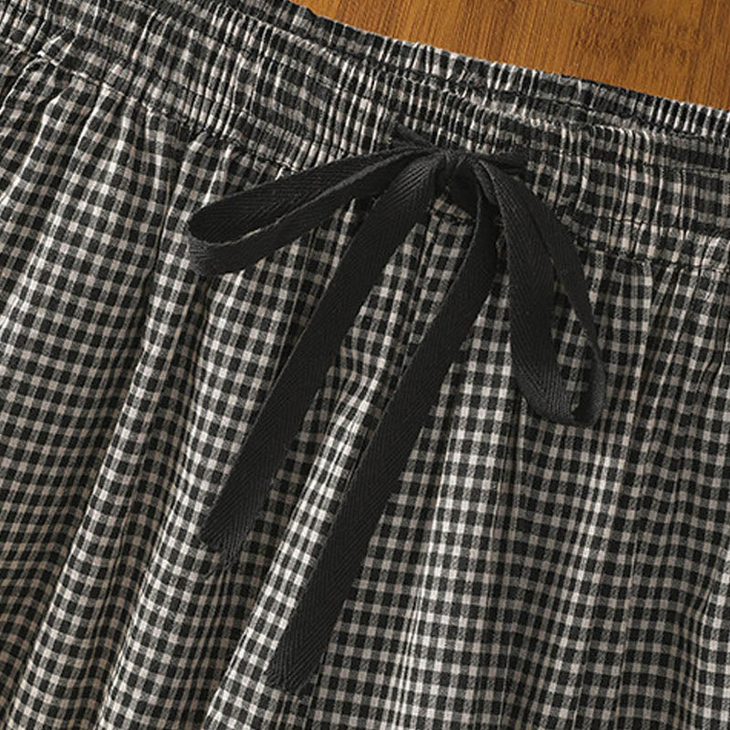 Buddha Stones Casual Cotton Stitching Grid Women's 7-8 Length Wide Leg Pants With Pockets