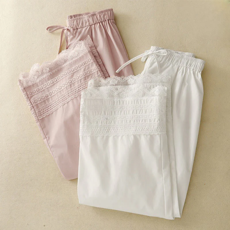 Buddha Stones Commute Plain Lace Patchwork Drawstring Design Women's Wide Leg Cotton Ankle-Length Pants With Pockets