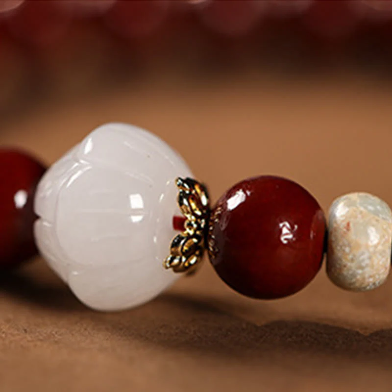 Buddha Stones Cinnabar Wood Beads Lotus Fu Character Blessing Bracelet