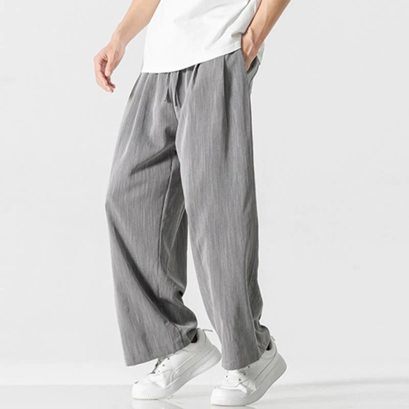 Buddha Stones Summer Casual Plain Straight Leg Design Men's Cotton Linen Drawstring Pants With Pockets
